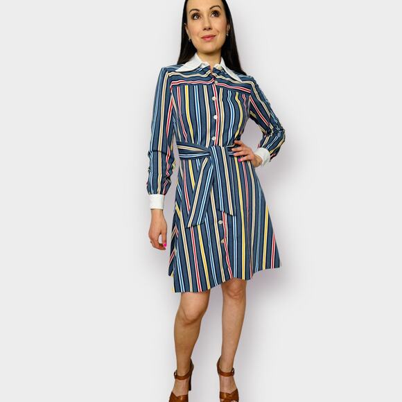 70s Blue Yellow Red Striped‎ Dress with White Collar - Picture 1 of 7